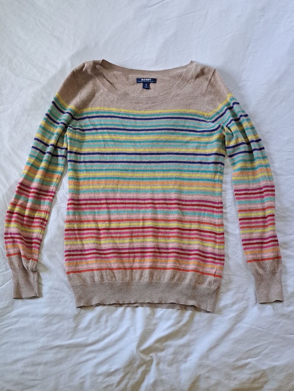 Old Navy Cotton Blend Beige Crewneck Lightweight Sweater with Multicolor Stripes